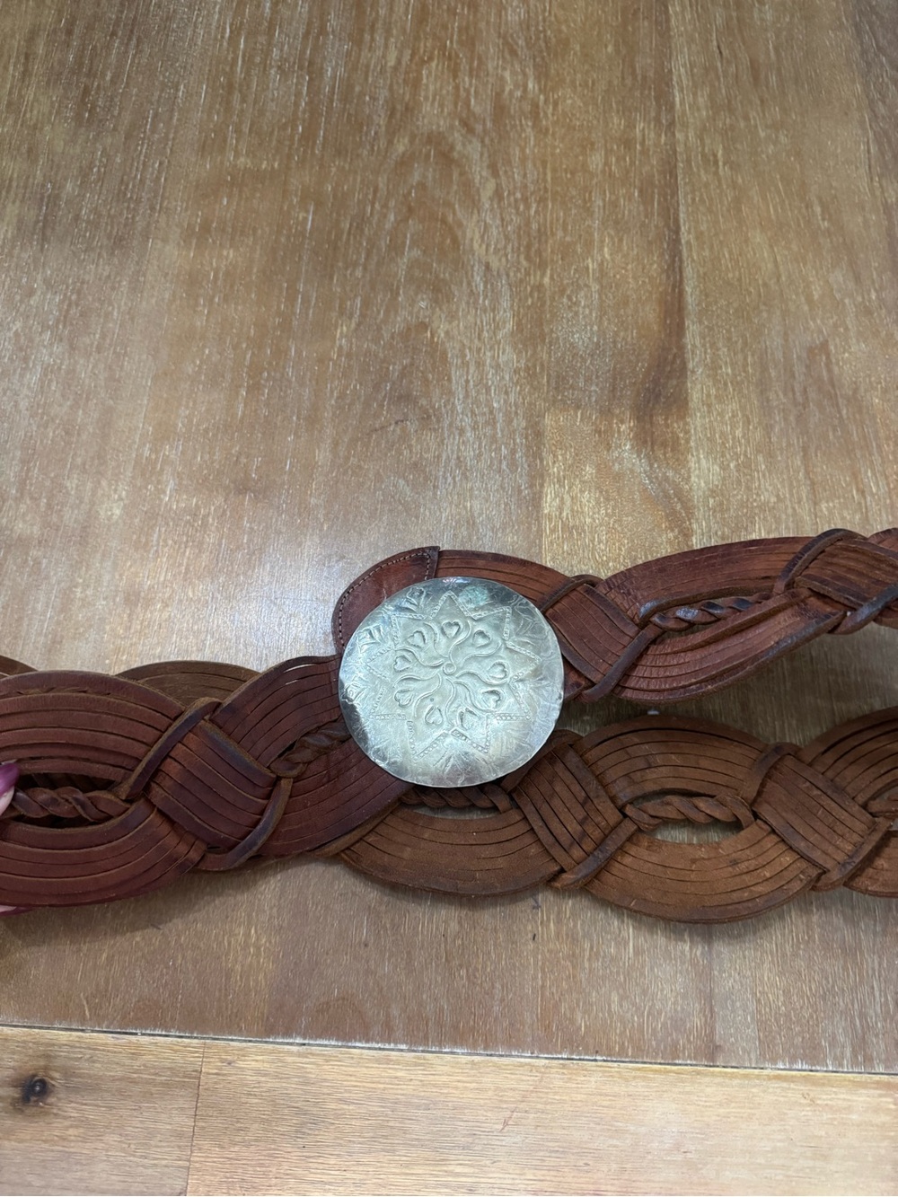 Woven Brown Leather Belt with Decorative Silver Medallion Moroccan Made